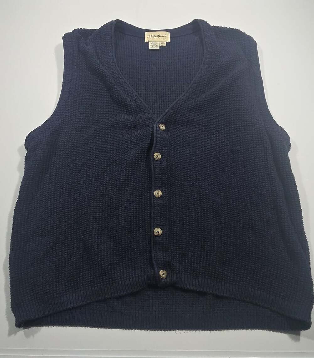 Eddie Bauer Knit Sweater Vest Size L Navy Blue Cotton Button Up